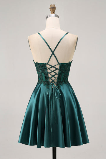 Dark Green A Line Appliqued Short Party Dress with Beading